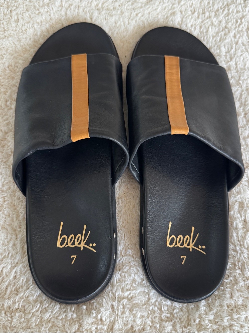 beek CREST Leather Slide Sandals Black & Tan Size 7